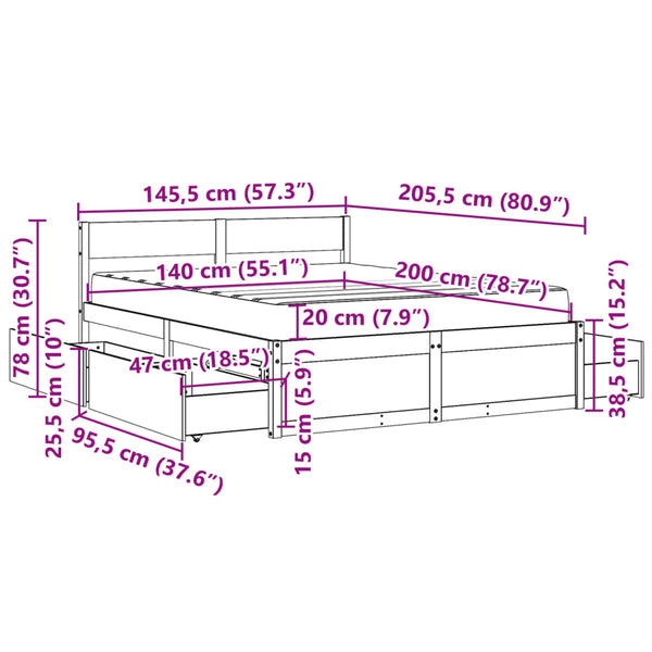 vidaXL Bed with Drawers and Mattress 140x200 cm Solid Pine Wood