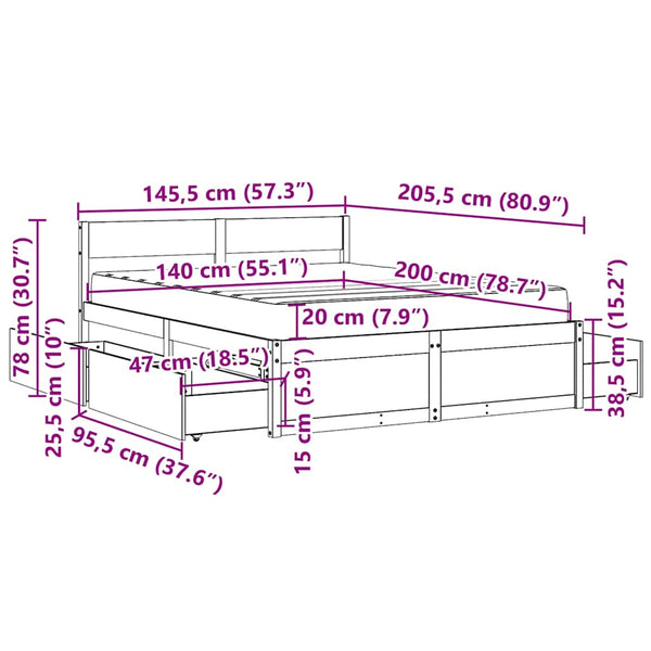 vidaXL Bed with Drawers and Mattress White 140x200 cm Solid Wood