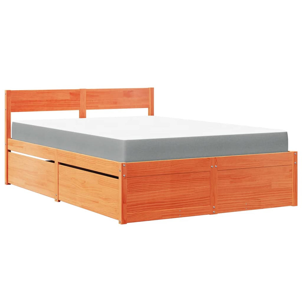 vidaXL Bed with Drawers and Mattress Wax Brown 120x200 Solid Wood