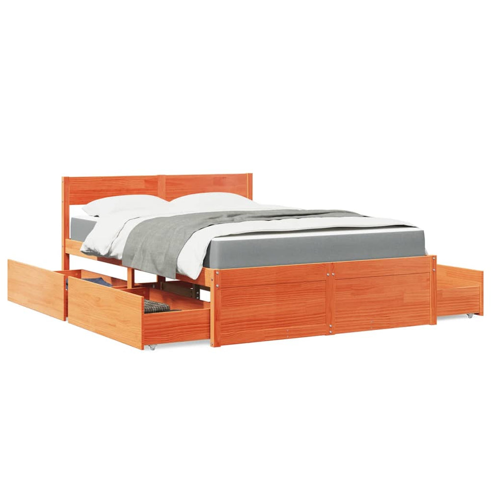 vidaXL Bed with Drawers and Mattress Wax Brown 120x200 Solid Wood