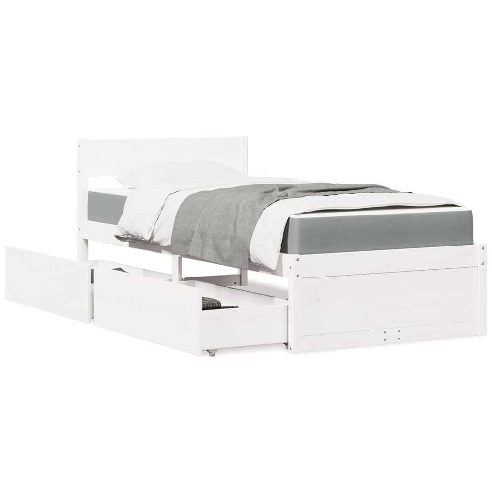 vidaXL Bed with Drawers and Mattress White 100x200 cm Solid Wood