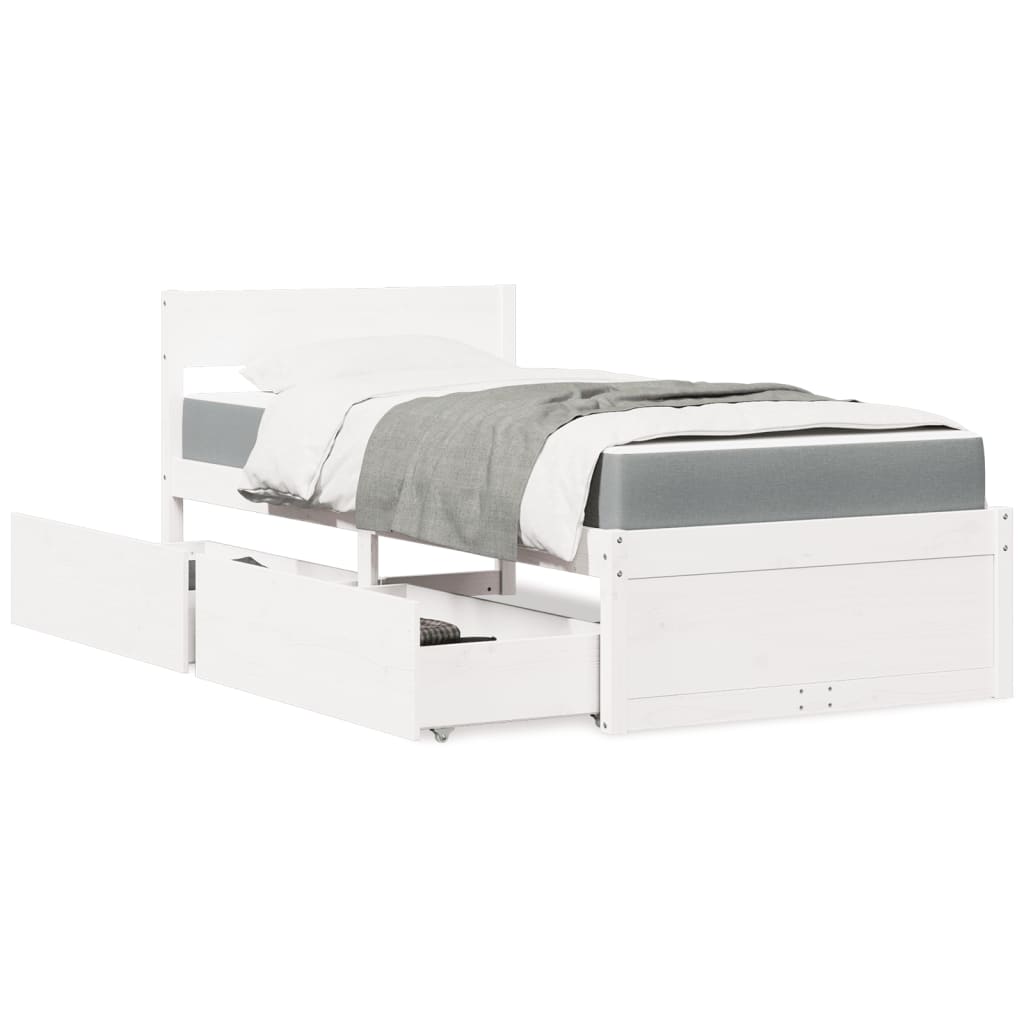 vidaXL Bed with Drawers and Mattress White 100x200 cm Solid Wood