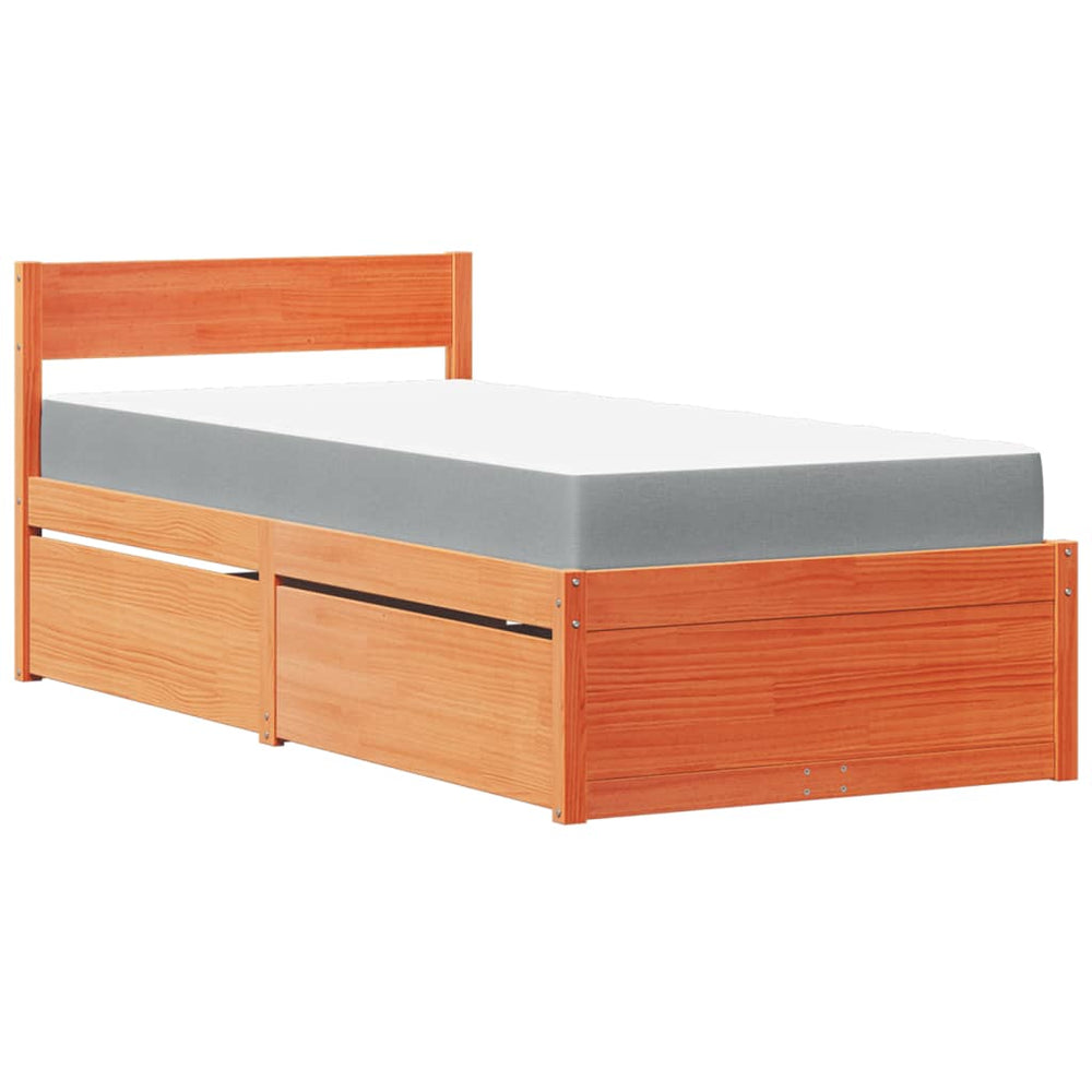 vidaXL Bed with Drawers and Mattress Waxed Brown 90x200 Solid Wood