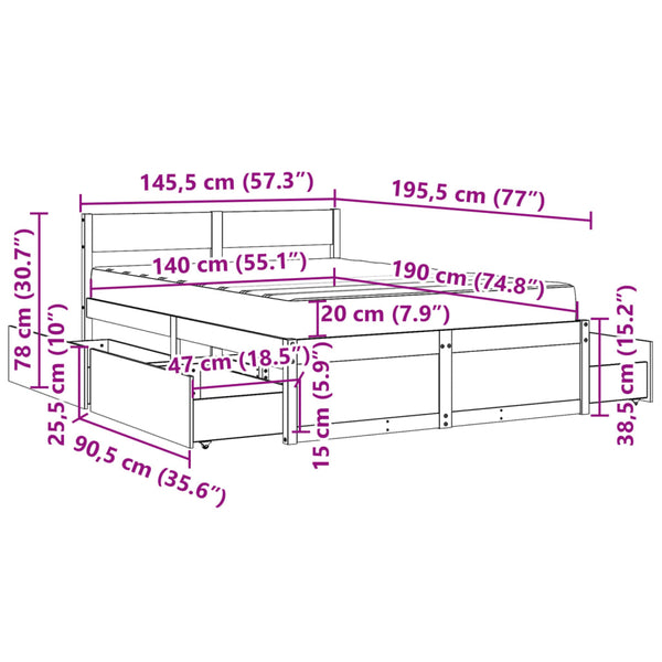 vidaXL Bed with Drawers and Mattress Waxed Brown 140x190 Solid Wood