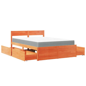 vidaXL Bed with Drawers and Mattress Waxed Brown 140x190 Solid Wood