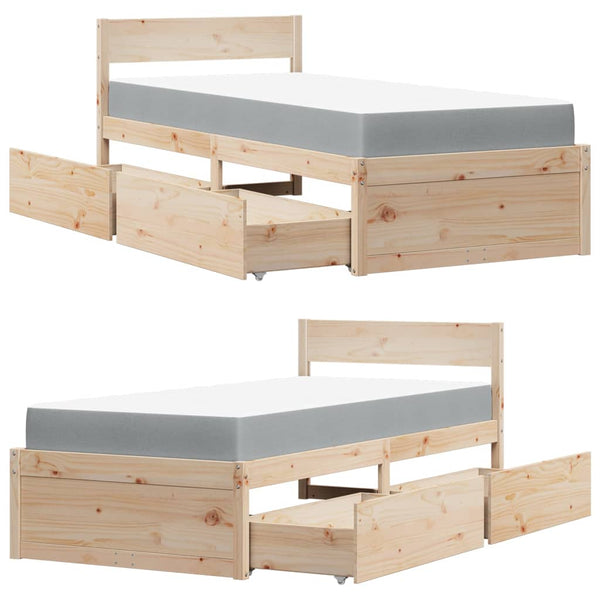 vidaXL Bed with Drawers and Mattress 90x190 Solid Pine