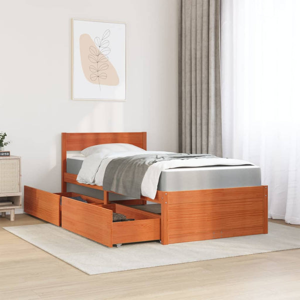 vidaXL Bed with Drawers and Mattress Wax Brown 90x190 Solid Wood