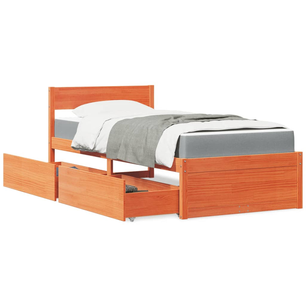 vidaXL Bed with Drawers and Mattress Wax Brown 90x190 Solid Wood