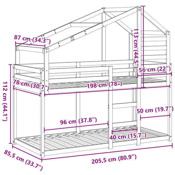 vidaXL Loft Bed with Roof White 80x200 cm Solid Pine Wood