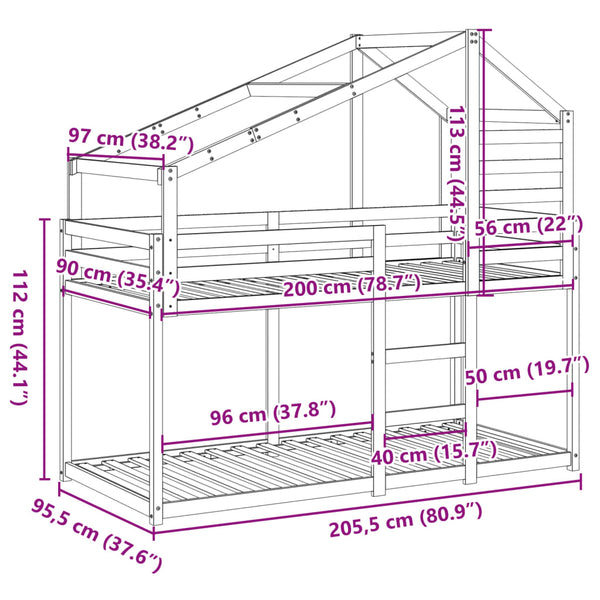 vidaXL Bunk Bed with Roof White 90x200 cm Solid Pine Wood