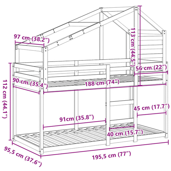 vidaXL Bunk Bed with Roof White 90x190 cm Solid Pine Wood