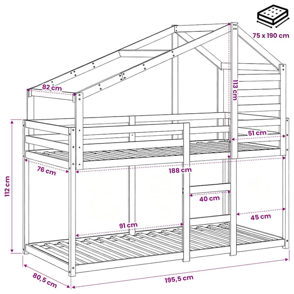 vidaXL Loft Bed with Roof White 75x190 cm Solid Pine Wood