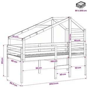 vidaXL Loft Bed with Roof White 80x200 cm Solid Pine Wood