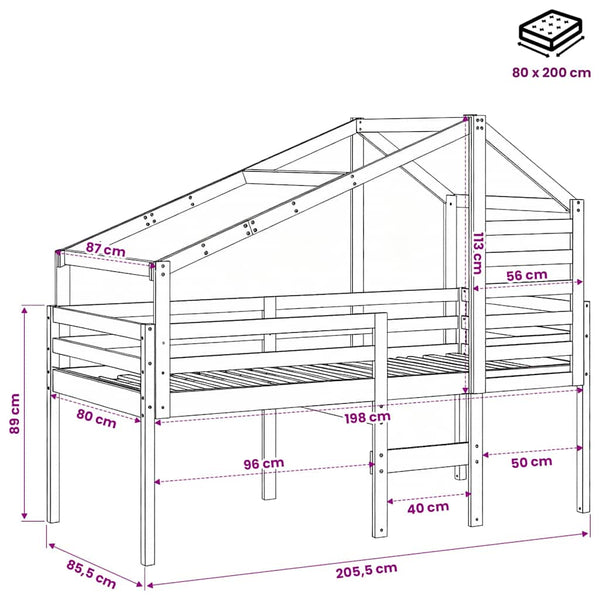 vidaXL Loft Bed with Roof White 80x200 cm Solid Pine Wood