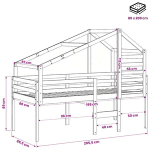 vidaXL Loft Bed with Roof White 90x200 cm Solid Pine Wood