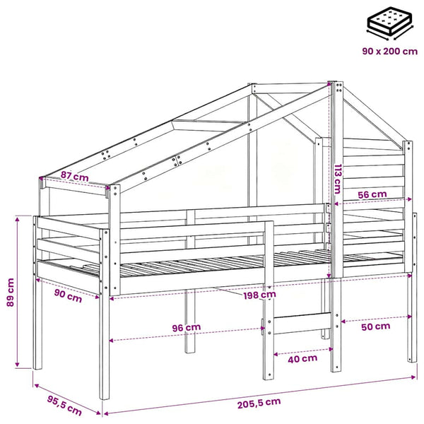 vidaXL Loft Bed with Roof Wax Brown 90x200 cm Solid Pine Wood