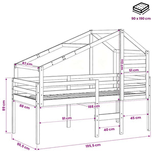 vidaXL Loft Bed with Roof 90x190 cm Solid Pine Wood