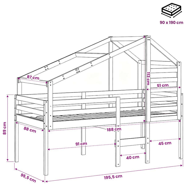 vidaXL Loft Bed with Roof 90x190 cm Solid Pine Wood