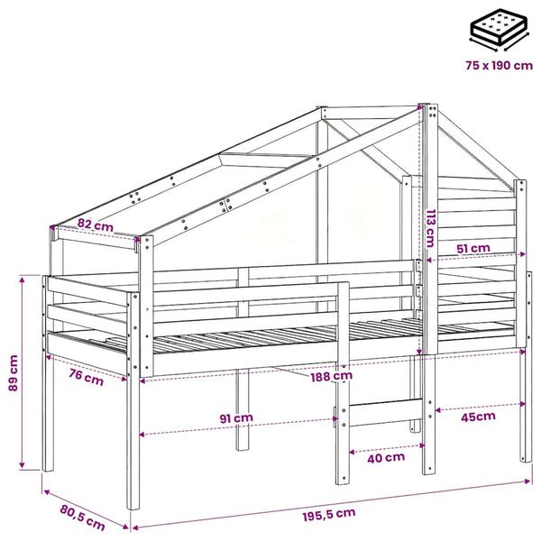 vidaXL Loft Bed with Roof 75x190 cm Solid Pine Wood