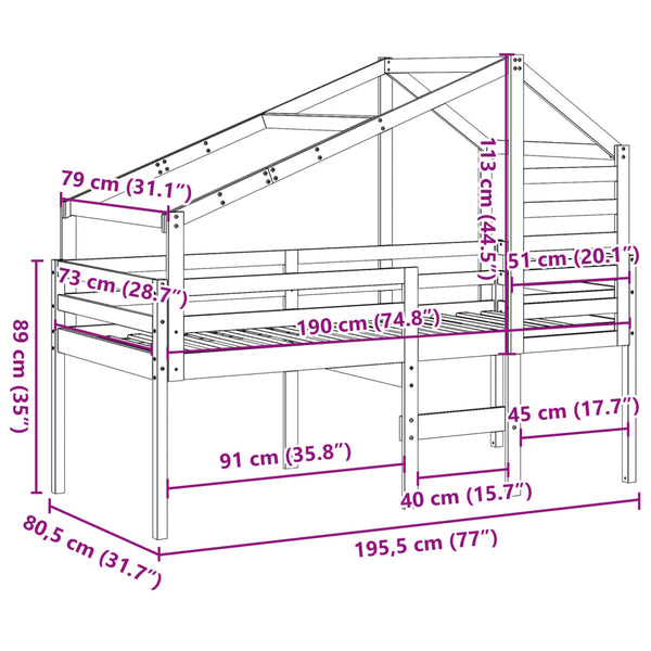 vidaXL Loft Bed with Roof White 75x190 cm Solid Pine Wood
