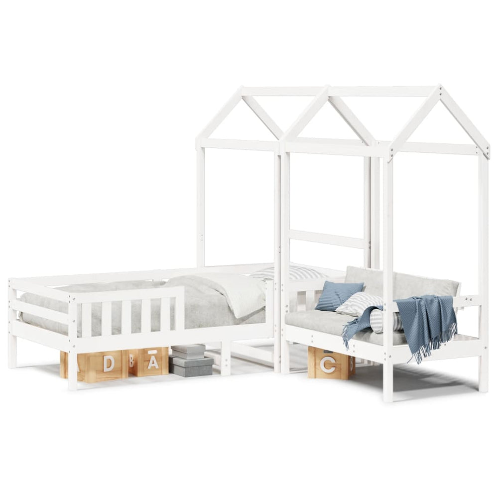 vidaXL Solid Wood Bed and Bench with Roof White 100x200 cm Pine Wood