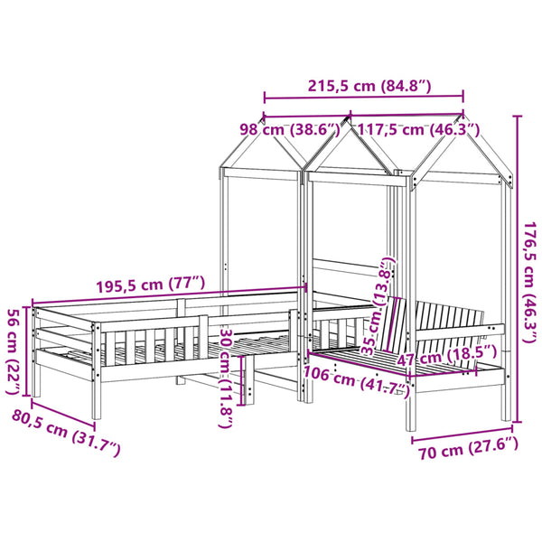 vidaXL Solid Wood Bed and Bench with Roof White 75x190 cm Pine Wood