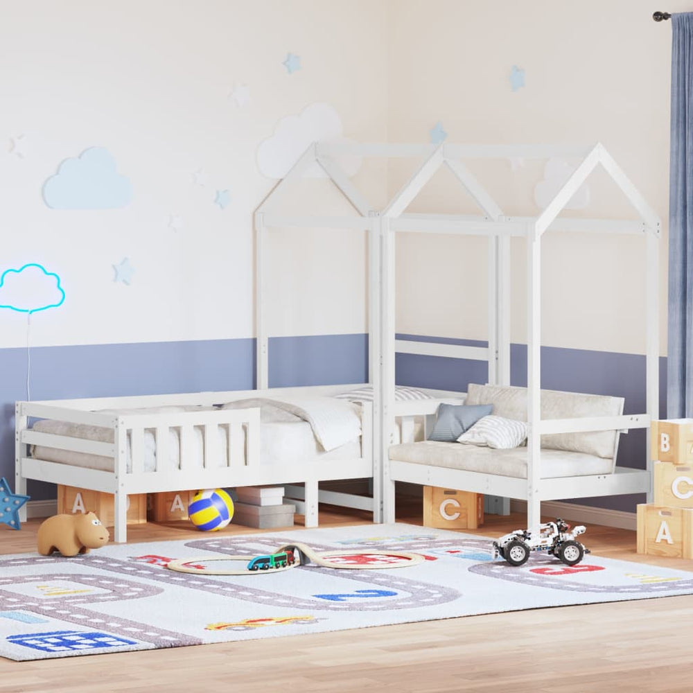 vidaXL Solid Wood Bed and Bench with Roof White 75x190 cm Pine Wood