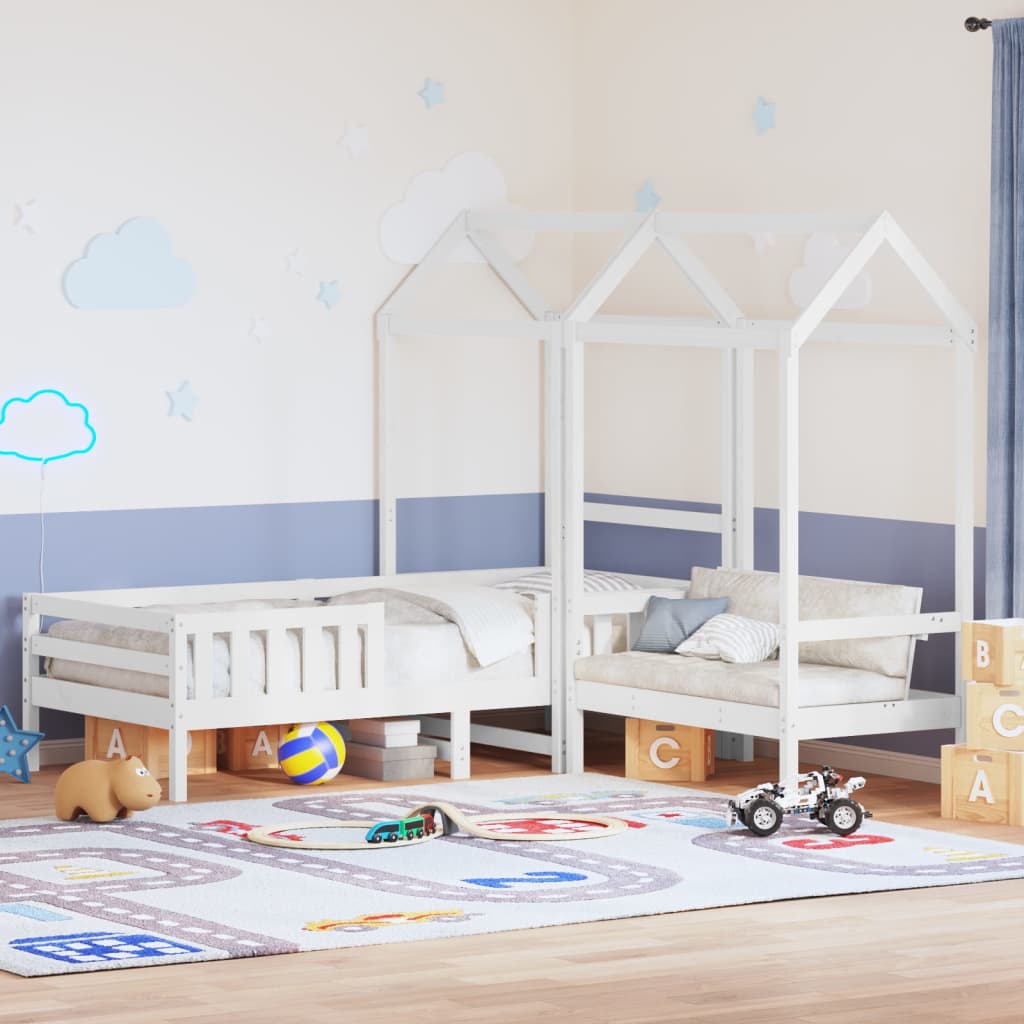 vidaXL Solid Wood Bed and Bench with Roof White 75x190 cm Pine Wood