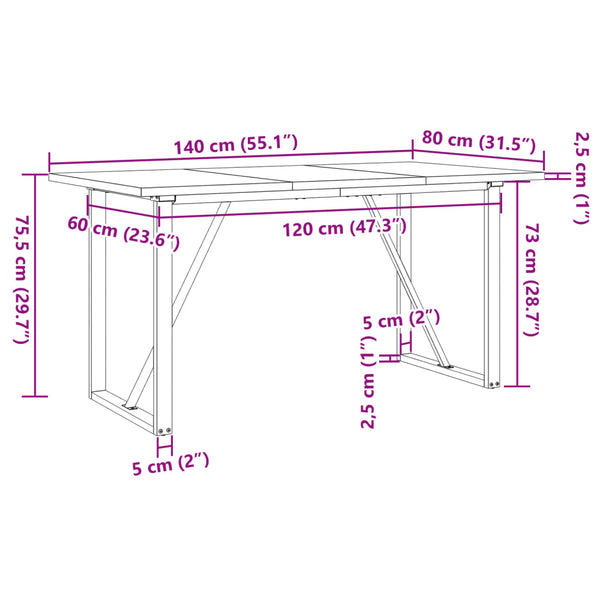 vidaXL Dining Table O-Frame 140x80x75.5 cm Solid Pine Wood & Steel