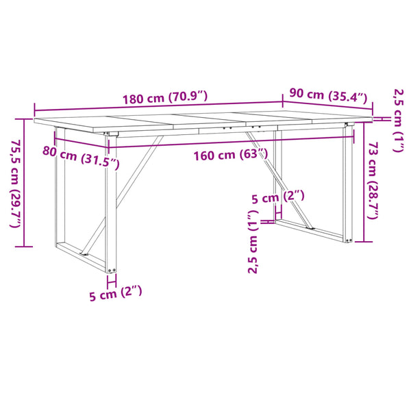 vidaXL Dining Table O-Leg 180x90x75.5 cm Solid Pine Wood & Steel