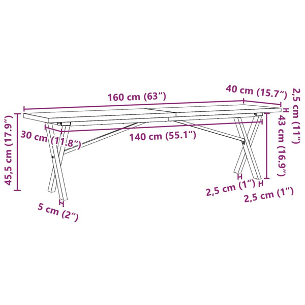 vidaXL Coffee Table X-Frame 160x40x45.5 cm Solid Pine Wood Steel