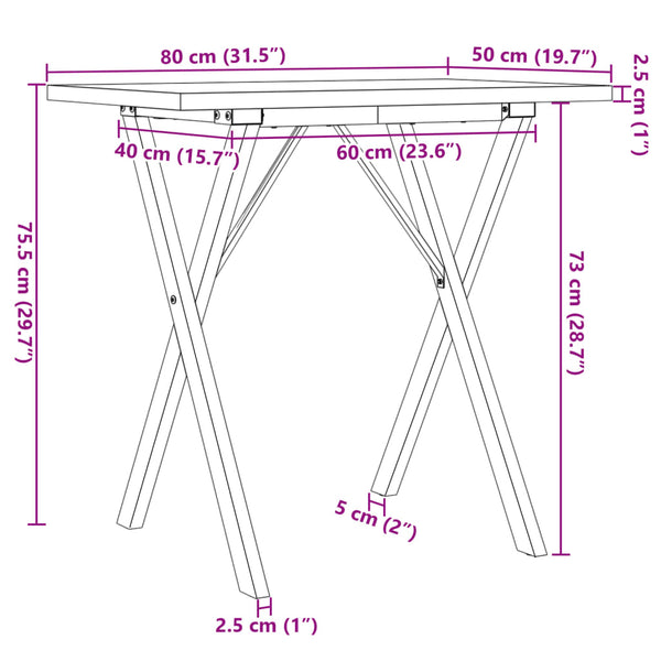 vidaXL Dining Table X-Leg 80x50x75.5 cm Solid Pine Wood & Steel