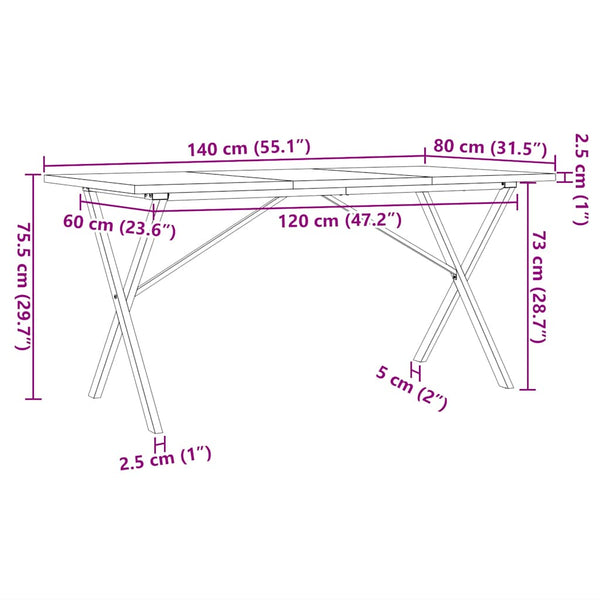 vidaXL Dining Table X-Frame 140x80x75.5 cm Solid Pine Wood & Steel