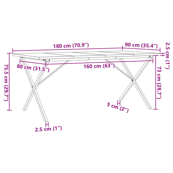 vidaXL Dining Table X-Leg 180x90x75.5 cm Solid Pine Wood & Steel
