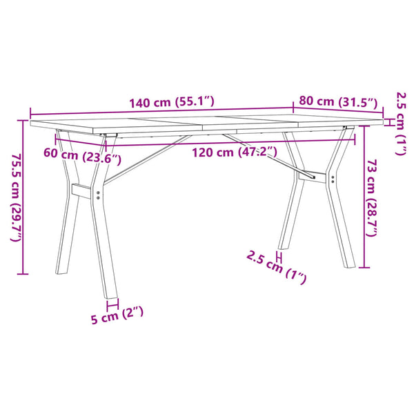 vidaXL Dining Table Y-Leg 140x80x75.5 cm Solid Pine Wood & Steel