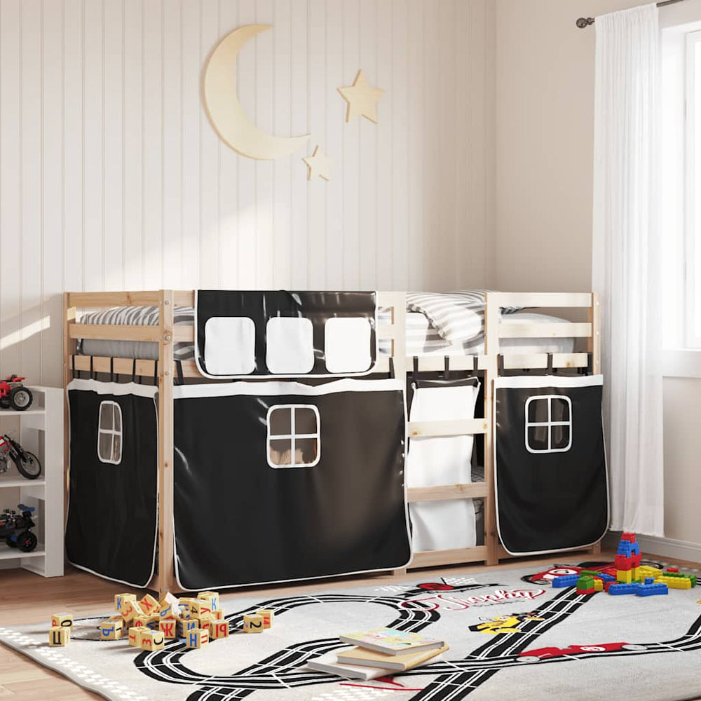 vidaXL Bunk Bed with Curtains White Black 90x200 cm Solid Pine Wood