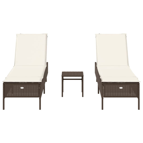 vidaXL 3-Piece Sun Lounger Set with Cushion Brown Poly Rattan