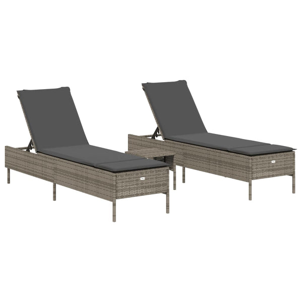 vidaXL 3-Piece Sun Lounger Set with Cushion Grey Poly Rattan