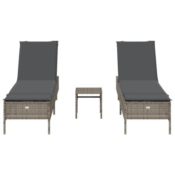 vidaXL 3-Piece Sun Lounger Set with Cushion Grey Poly Rattan