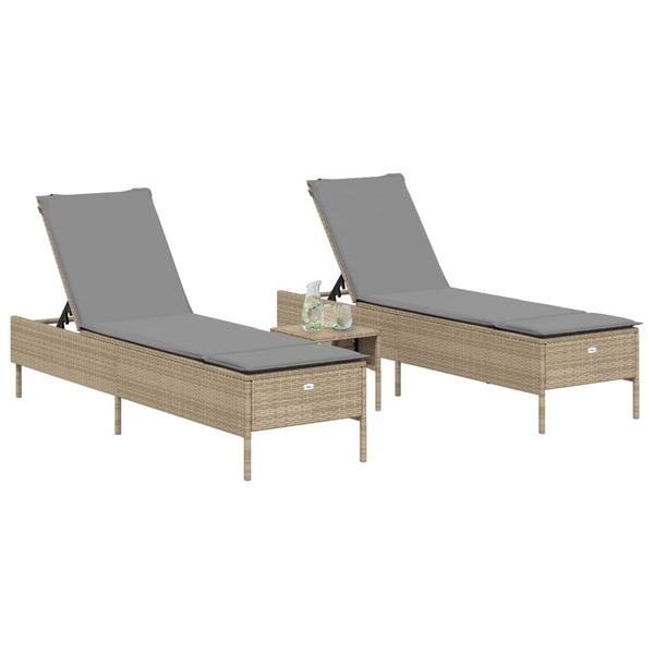 vidaXL 3-Piece Sun Lounger Set with Cushion Beige Poly Rattan