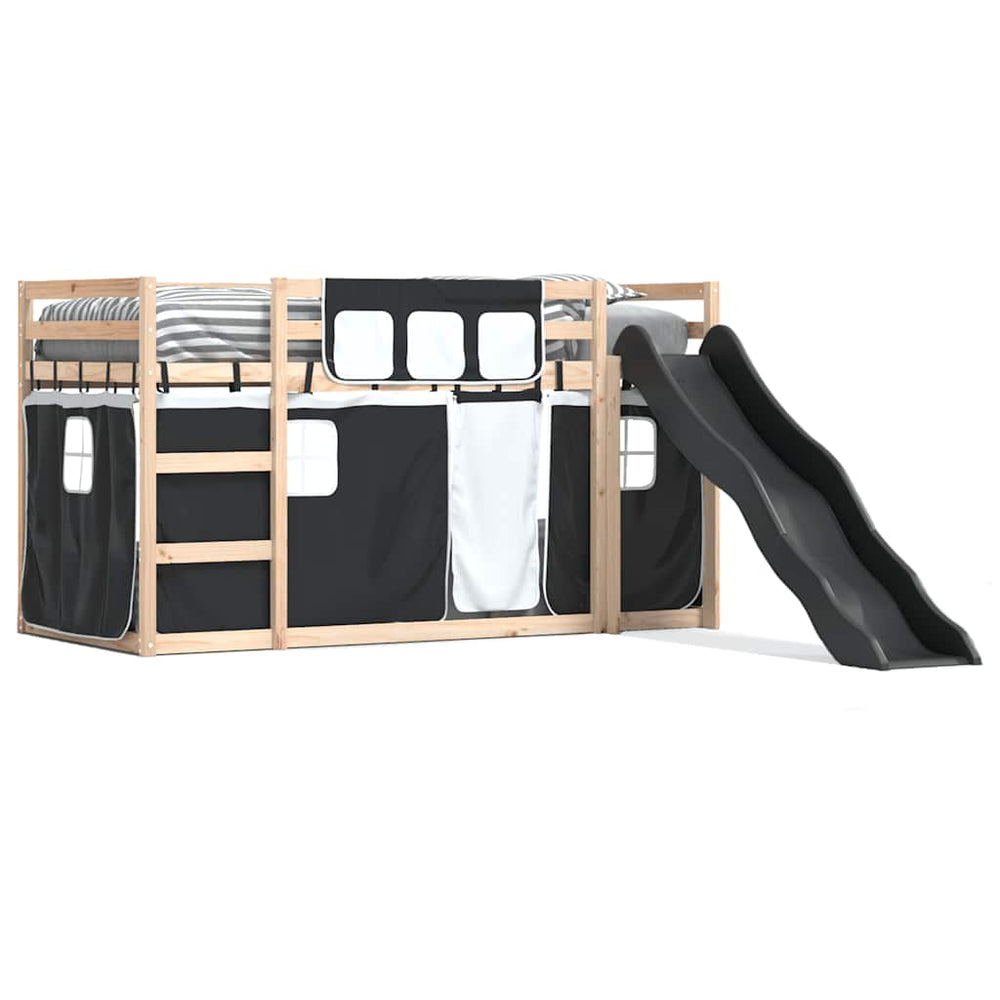 vidaXL Bunk Bed with Slide and Curtains White and Black 90x200 cm