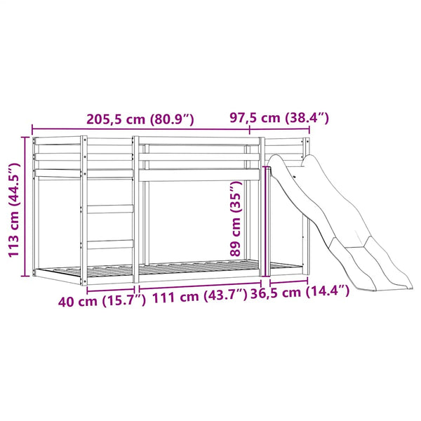 vidaXL Bunk Bed with Slide and Curtains White and Black 90x200 cm