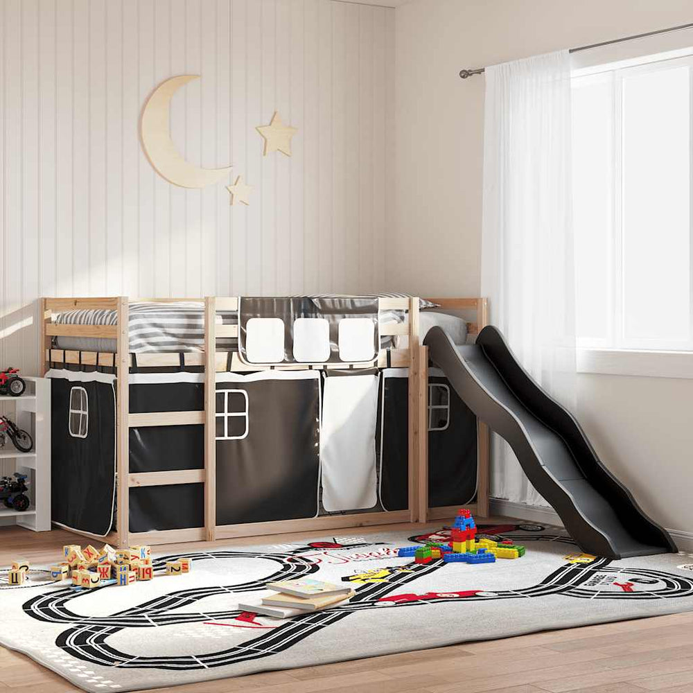 vidaXL Bunk Bed with Slide and Curtains White and Black 90x200 cm