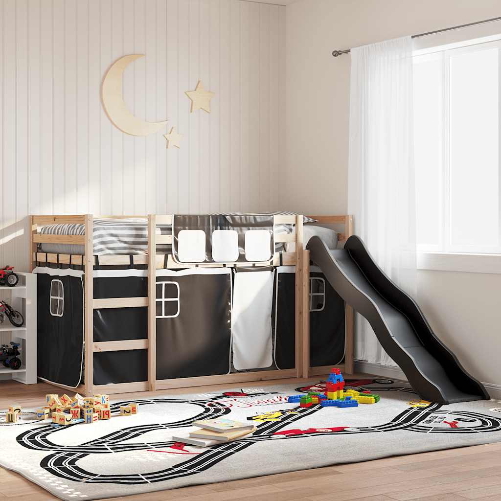 vidaXL Bunk Bed with Slide and Curtains White and Black 80x200 cm