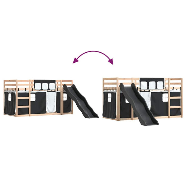 vidaXL Bunk Bed with Slide and Curtains White and Black 90x190 cm