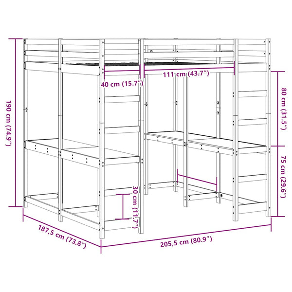 vidaXL Loft Bed with Desk & Ladder White 180x200 cm Pine Wood