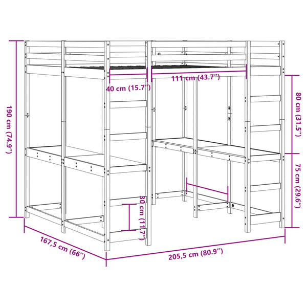 vidaXL Loft Bed with Desk & Ladder Brown 160x200 cm Pine Wood