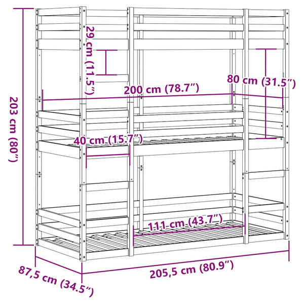 vidaXL Triple Bunk Bed Waxed Brown 80x200 cm Solid Pine Wood