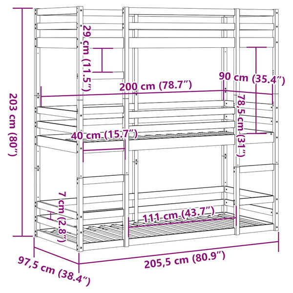 vidaXL Triple Bunk Bed 90x200 cm Solid Pine Wood