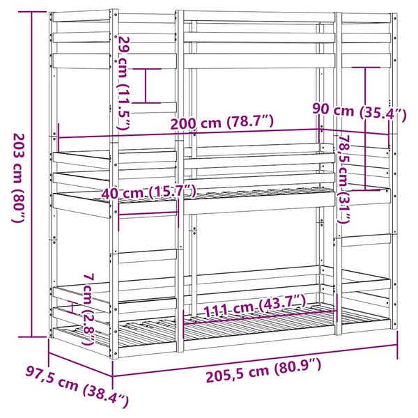 vidaXL Triple Bunk Bed Wax Brown 90x200 cm Solid Pine Wood